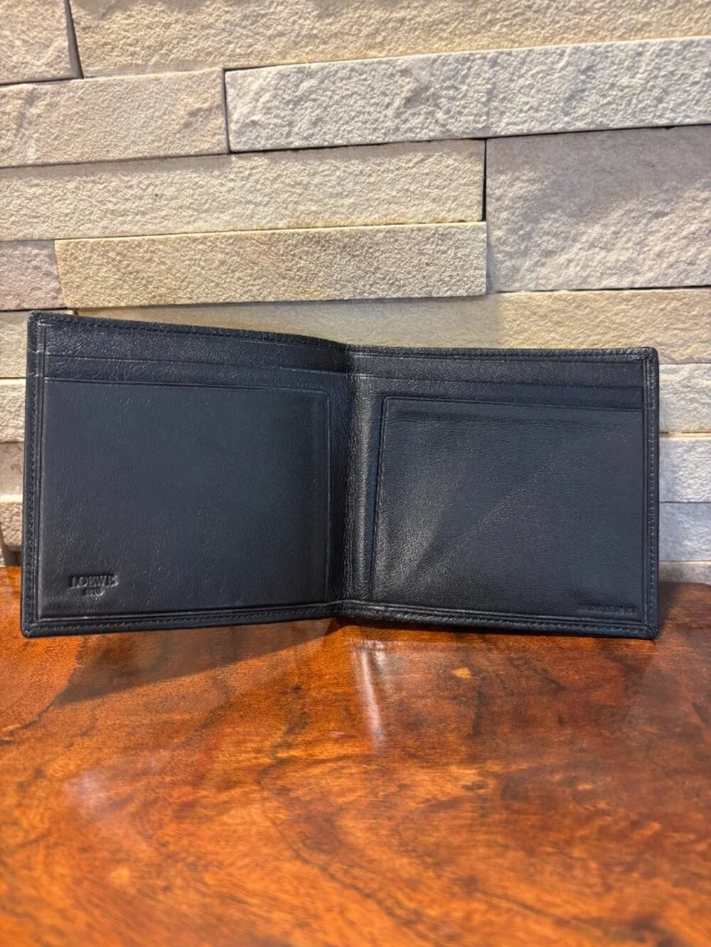 Authentic Vintage LOEWE Black Leather Bifold Wallet Embossed Anagram Slim Spain